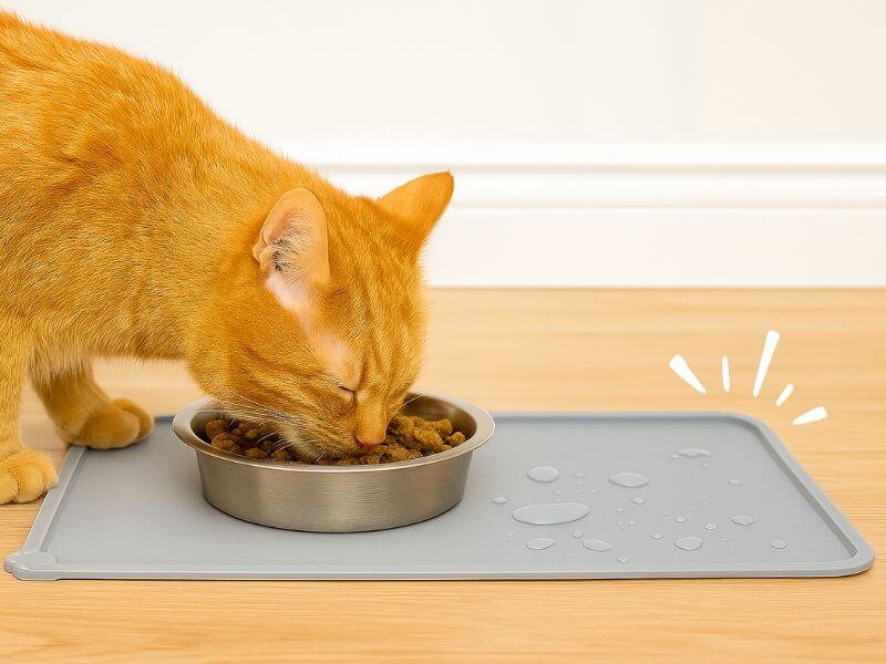 Ginger cat eating from a bowl placed on a grey waterproof silicone cat feeding mat with raised edges to catch spills.